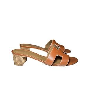 Hermes Oasis Oran Brown Gold Leather H Slides Heels Sandals Size 38